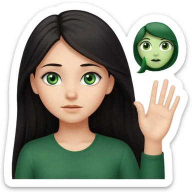 Animated girl dark long hair green eyes emoji holding right side of the head with her hand with duh facial expression , hand on her head sticker