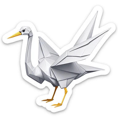 Cinematic Realistic Origami Crane Emoji, featuring a beautifully folded paper crane with crisp, delicate edges and intricate creases. The elegant structure casts soft shadows under warm, natural lighting, with a subtle texture of fine paper enhancing its serene and symbolic presence. sticker