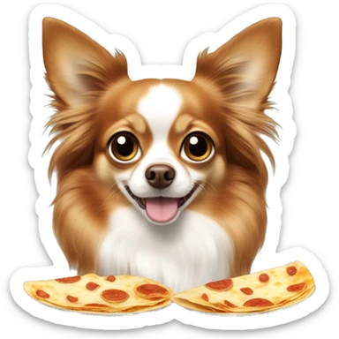 Long-haired reddish brown Chihuahua with white markings eating quesadilla sticker