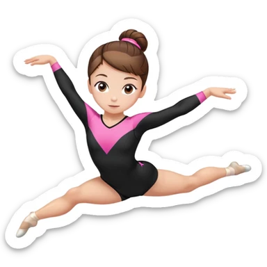 A female gymnast with brown hair in a neat bun, wearing a black uniform with pink elements. sticker