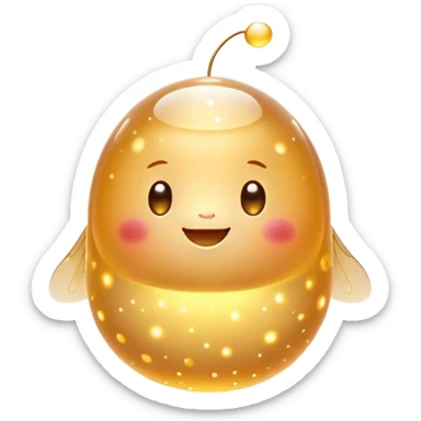 Cinematic tiny glowing firefly, round and chubby, soft golden light, tiny happy face, gentle floating motion, surrounded by dreamy sparkling dots. sticker