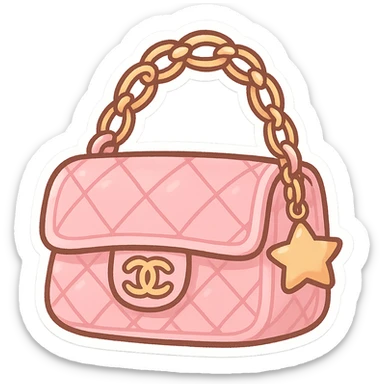 pink Chanel purse with a star charm, cute and exaggerated chibi sticker style sticker