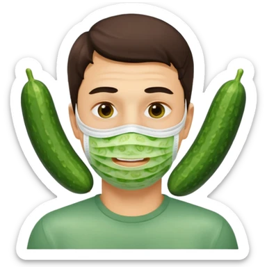 Man with a face mask and two cucumber in the eyes sticker