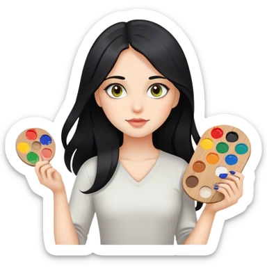 A girl with long black hair and hazel eyes holding a paint palette  sticker