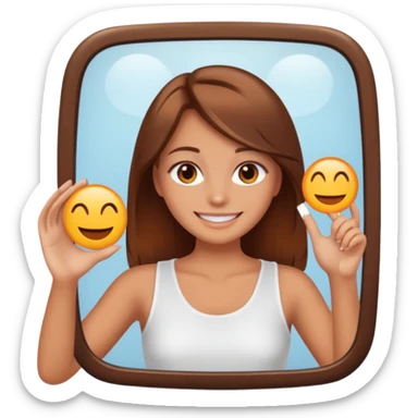 girl with brown hair, white but fake tanned slightly orange skin, taking a mirror selfie, emoji style sticker