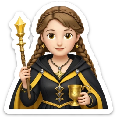 Helga Hufflepuff,the Hogwarts founder of Hufflepuff,brown-haired,2braids,yellow-black medieval dress with black cloak decorated with gold braiding,flickering magic wand and tiny two-handled shiny gold cup engraved with the badger silhouette,very kind smile,curvy busty sweet  sticker