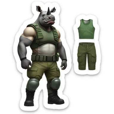 Rhino with muscles wearing a green army helmet with a blank tank camo pants and black boots  sticker