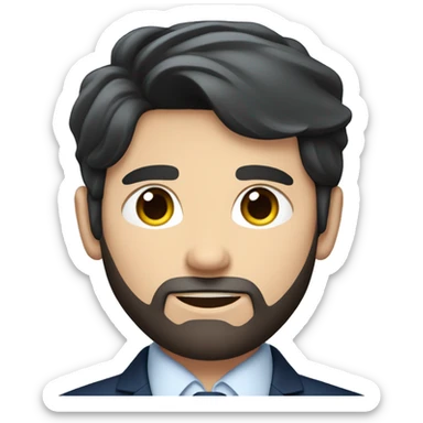 A dark hair young man with beard and blue eyes in navy suit with up-hand  sticker