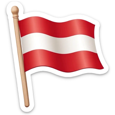 "A simple Polish flag on a wooden stick, waving slightly in the wind. The flag has two horizontal stripes: white on top and red on the bottom. The stick is light brown, made of wood, and slightly tilted to the right. The background is plain white sticker