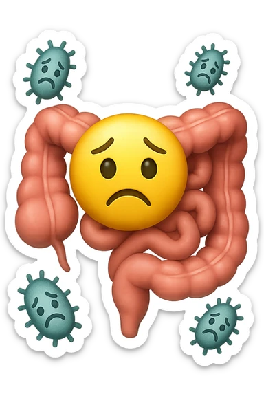 emoji stile iphone di batteri intestinali con espressione triste che fluttuano in aria, iperrealistico 4k, isolato su sfondo bianco sticker