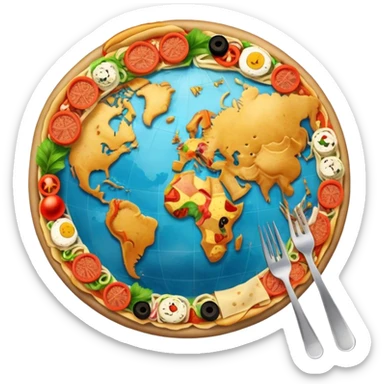 Icon for Gastronomic Tourism: a globe with various cuisines from around the world, such as pizza, sushi, tacos, and pasta, surrounded by food-related travel elements like a fork, knife, and map. Transparent background. sticker