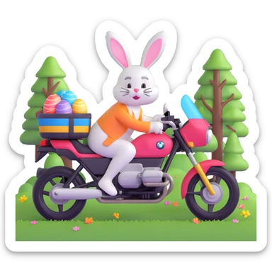 Easter bunny riding a BMW boxer motorcycle with trees and grass in the background and colorful Easter eggs hidden in the grass sticker