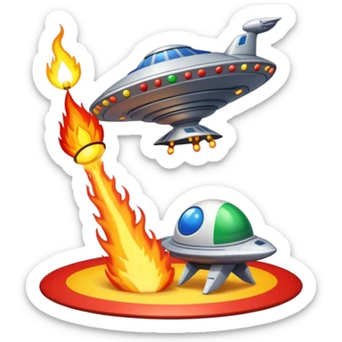 create a circus on fire and a spaceship abducting the circus with an ET with the Brazilian flag sticker