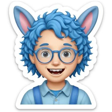 kid with teeth braces bunny eared blue haired curly big teeth and glassess sticker
