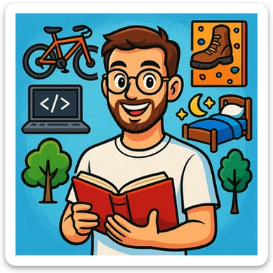 vibrant-toon style young man with light skin, short brown hair, neatly trimmed beard, round gold-rimmed glasses, smiling, plain white t-shirt, holding open red book at chest level, surrounded by hobby icons: orange mountain bike, gray laptop with code, brown hiking boot, climbing wall, bed with blue blanket and moon-and-stars, green tree sticker