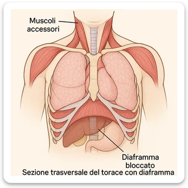 sezione trasversale del torace con diaframma bloccato e muscoli accessori della respirazione evidenziati, didascalia in italiano sticker