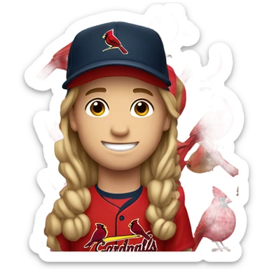 smiling boy with long hair with cardinals baseball hat sticker