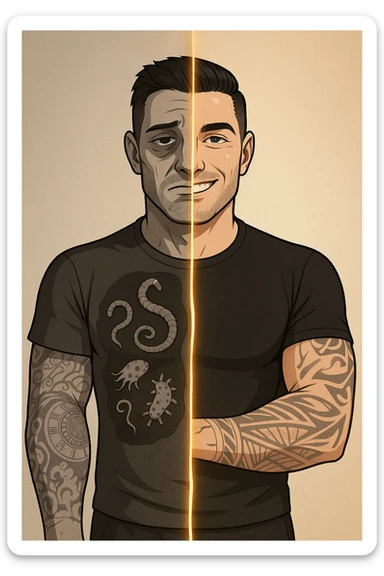 a man is depicted in two halves—on one side, he appears tired and weighed down, with faint, ghostly images of parasites visible inside his torso; on the other side, he is vibrant and healthy, with clear skin and bright eyes, the parasites gone. A visual transition or glowing line separates the two states, symbolizing recovery. sticker