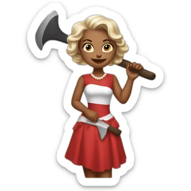 pearl in her red audition dress holding an axe sticker