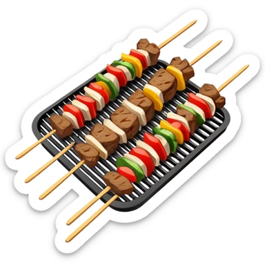 Skewered lamb kebabs with spices on grill, simplified emoji style with bold outlines and bright colors, cartoon style Chinese street food Yangrou Chuan sticker