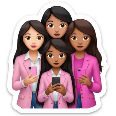 3 brown girl friends with a phone on their hand, one with black long hair, one with brown hair long and the other one with black with brown hair. Wearing pink glammed up  sticker