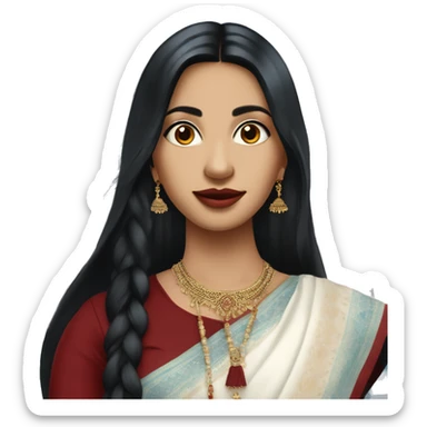 Beautiful female, long black hair, wearing indian dark red saari, Background with buildings, white skin, pampadour cut with fade, Blue color background sticker