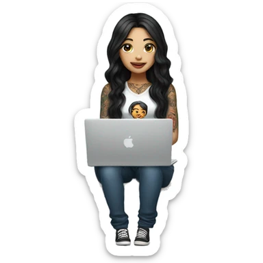 beautiful girl with tattoos, with long black hair, wavy hair, chinese, with laptop sticker