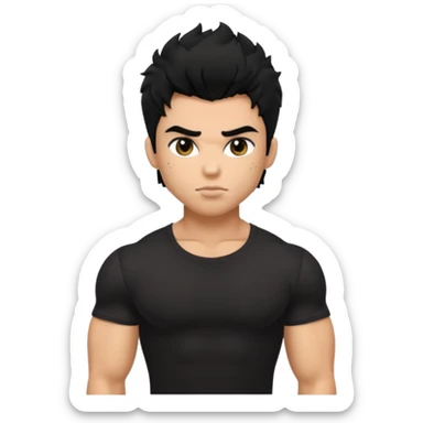 a pretty bratz guy with black hair with big muscles and shaggy hair in a tight black tee sticker