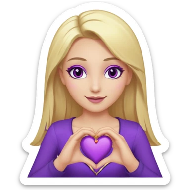 twitch emote, kinda chibi style. blonde hair: long, straight, no bangs. gray eyes. an eyebrow with a slit. purple eyeshadow/eyeliner with gold eyeshadow. only face and arms, hands visible. happy, holding a purple heart. white background. sticker