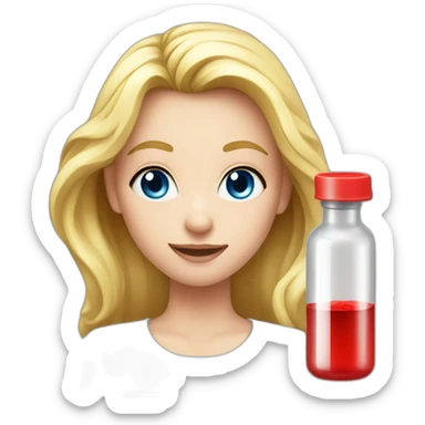 Girl with blond hair and blue eye take red vial sticker