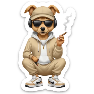 Dog with a hoodie headphones smoking a cigar Wearing sunglasses and a hat and air Jordan shoes and Nike sweatpants sticker