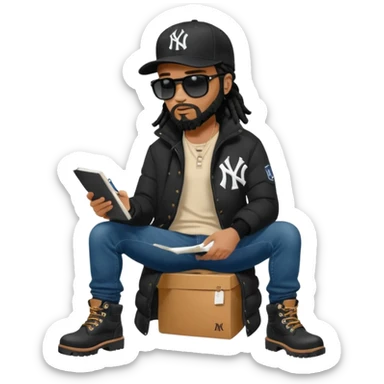 African American man with shoulder length black dreadlocks with black beard wearing black sunglasses wearing a black New York Yankees logo baseball cap wearing a black bubble winter coat wearing denim skinny jeans timberland boots writing a note sticker