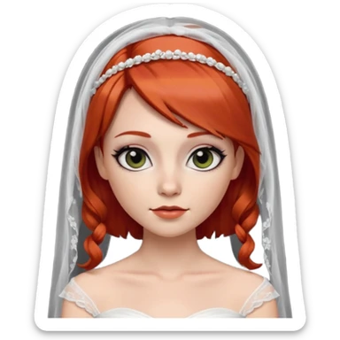 милая девушка невеста, с фатой, рыжими прямыми волосами по плечи, с черными макияжем глаз, тонкими бровями, в стиле Apple avatar sticker
