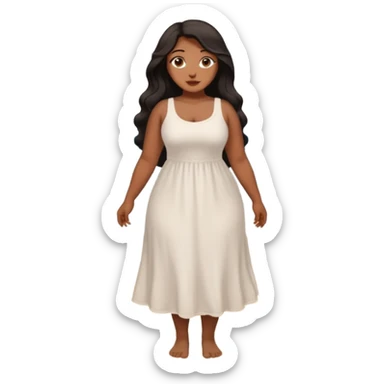 Curvy woman with brown skin with long wavy black hair, brown eyes. She's wearing a white cotton dress standing on a beach sticker