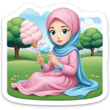 Turkish beautiful finish Konya girl blue eyes with cotton candy hijab long tail dress and sits on the grass on the ground and hold cotton candy on hand  sticker