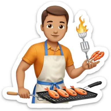 man grilling seafood on a sizzling grill sticker