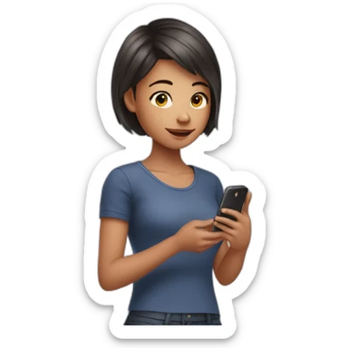 strigth short hair withe skin teenager girl playing with a cellphone sticker