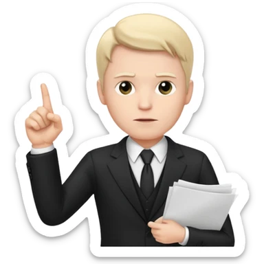 A white man in a black suit stands with a serious face and points at his hand holding papers. sticker