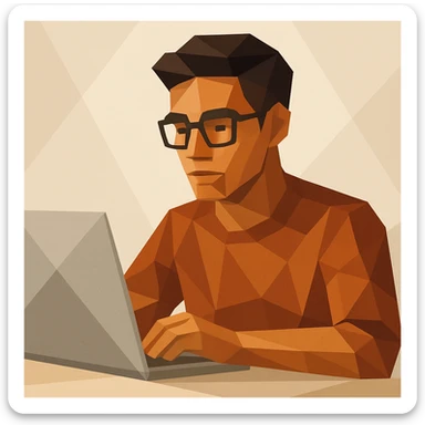 a designer with tan skin and square glasses using a laptop, clean modern illustration style sticker