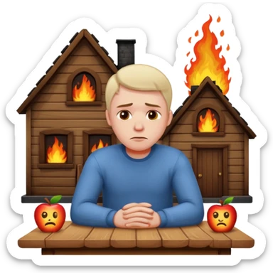 a man sits sadly at a table, a house on fire in the background, apple style emoji sticker