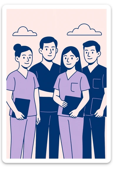 group of four nursing students, short-sleeve nurse uniforms, no stethoscope, clean flat design style sticker