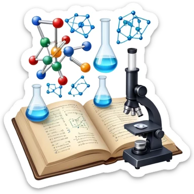 Icon for Scientific and Educational Reading: an open book with mathematical and physical formulas on the pages, with molecules and atoms flying out. On the desk are test tubes, flasks, and a microscope. Transparent background. sticker