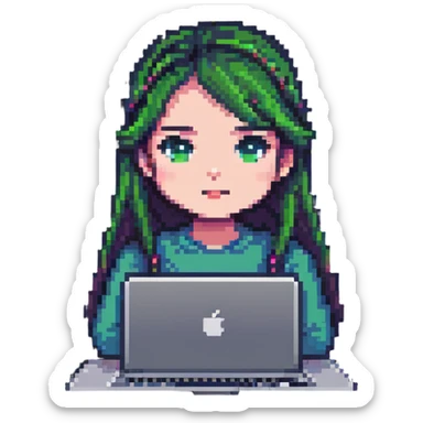 a girl's face working behind a MacBook, pixel art style sticker