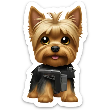 Yorkie with pistol sticker