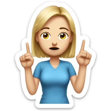 A white girl with an important face brings with two hands with an outstretched index finger to her nose, dissatisfied, two hands showing, blue shirt sticker