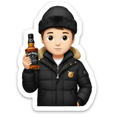 Junge mit Sturmhaube in der Rechten hand eine jacky flasche und schwarze winterjacke mit fell an der mütze 2 meter gross sticker