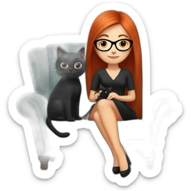 woman with long straight red hair and black-rimmed glasses, in a dress, sitting in an armchair, with a black cat on her lap sticker