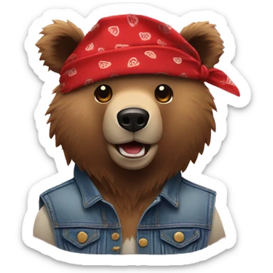 grizzly bear wearing sleeveless jean jacket and red bandana around head with open mouth sticker