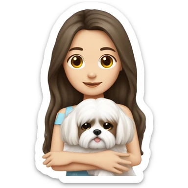 Brunette girl long hair, hugging her white Shih tzu sticker
