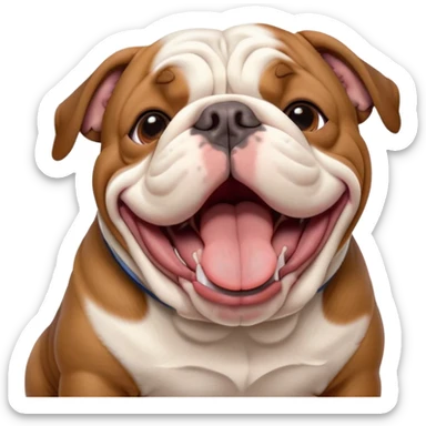 Cinematic Cute Yawning Brown and White English Bulldog Portrait Emoji, Head tilted slightly with a dramatic, wide-open yawn, showcasing a smooth brown and white coat with a defined pattern, floppy ears slightly drooping, round brown eyes barely open in drowsy contentment, Simplified yet irresistibly adorable features, highly detailed, glowing with a soft, cozy glow, high shine, relaxed yet expressive, stylized with a touch of whimsy, bright and endearing, soft glowing outline, capturing the essence of a sleepy yet affectionate guardian, so drowsy it feels like it could stretch out of the screen and curl up for a nap! sticker